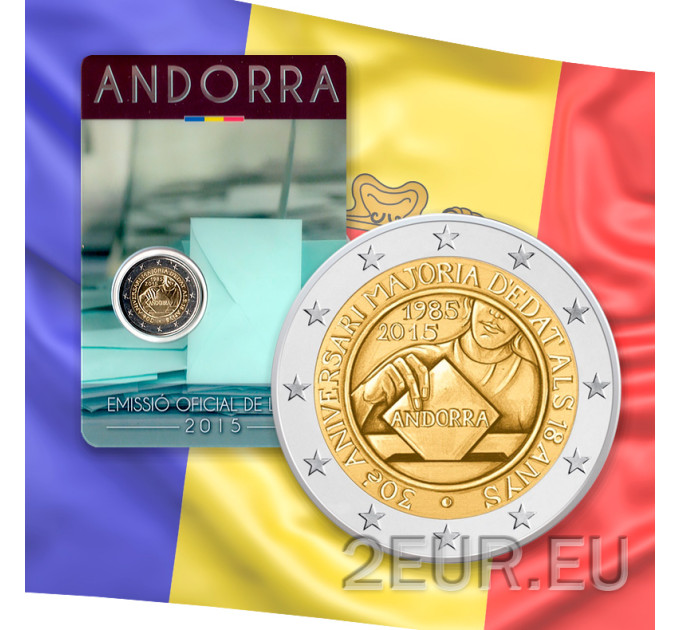 Andorra 2 euro BU Coincard 2015 - 30 años desde que los 18 se convirtieron en Edad Legal por 34.90 € ✅