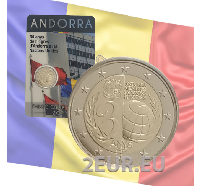 Andorra 2 euro BU coincard 2023 - 30 años de la adhesión de Andorra a las Naciones Unidas por 22.00 € ✅