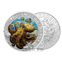 Austria 3 euros moneda 2022 - Vida marina luminosa - Pulpo de anillos azules