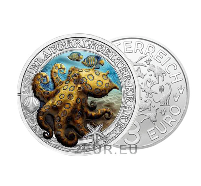 Austria 3 euro coin 2022 - Luminous Marine Life - Blue-Ringed Octopus for 26.50 € ✅