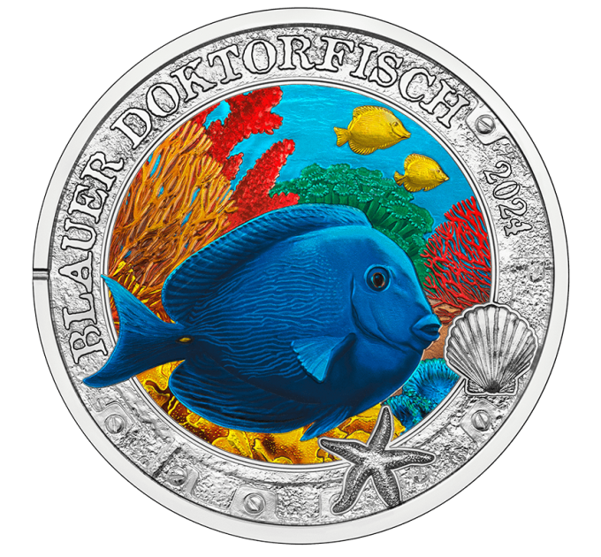 Austria 3 euro coin 2024 - Luminous Marine Life - Blue surgeonfish for 16.00 € ✅