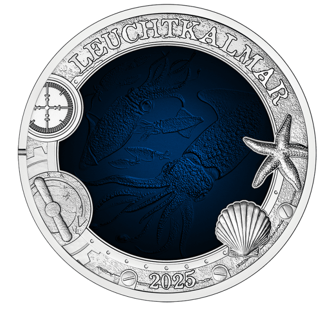 Austria 3 euros moneda 2025 - Vida marina luminosa - Calamar resplandeciente por 16.00 € ✅
