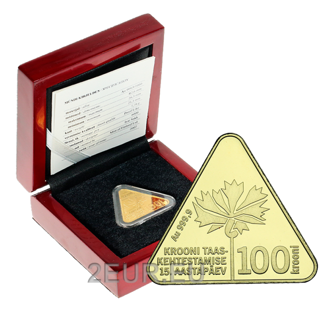 Estonia 100 Kroon gold coin Proof 2007 - 15th anniversary reintroduction of the estonian kroon for 1,250.00 € ✅