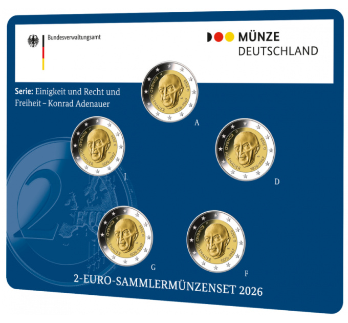 Alemania 2 Juego de monedas de euro BU 2026 - Konrad Adenauer - ADFGJ por 27.90 € ✅