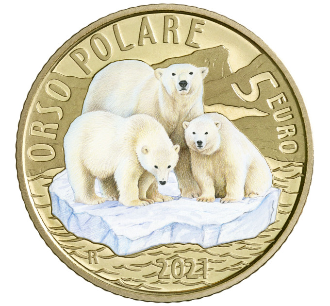 Italia 5 euros PROOF 2021 - Animales en peligro de extinción - Oso polar por 37.00 € ✅