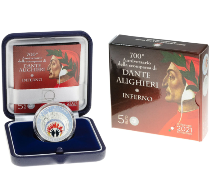Italia 5 euros Plata PROOF 2021 - 700 aniversario de la muerte de Dante Alighieri por 310.00 € ✅