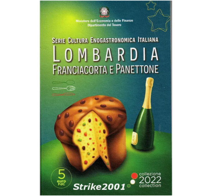 Italia 5 euros BU 2022 - Cultura gastronómica y vinícola italiana: Lombardía - Franciacorta y Panettone por 34.00 € ✅