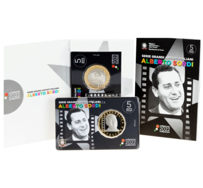 Italy 5 euro PROOF 2022 - Great Italian Artists - Alberto Sordi for 36.00 € ✅