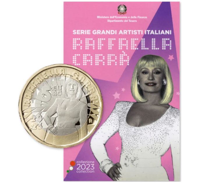 Italia 5 euros BU 2023 - Serie Grandes Artistas Italianos - Raffaella Carrà por 45.00 € ✅