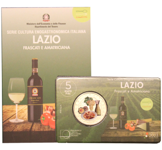 Italia 5 euros BU 2023 - Cultura gastronómica y vinícola italiana - Véneto - Frascati y Amatriciana por 53.00 € ✅