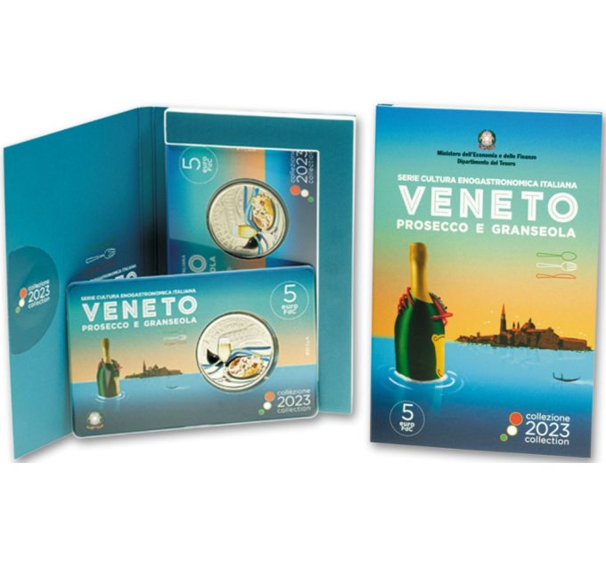 Italia 5 euros BU 2023 - Cultura gastronómica y vinícola italiana - Véneto - Prosecco y Granseola por 33.00 € ✅