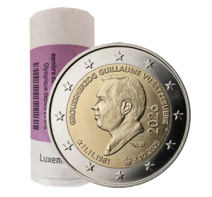 Luxembourg 2 euro UNC roll 2026 - ACCESSION TO THE THRONE OF GRAND DUKE GUILLAUME AND HIS 45TH BIRTHDAY for 198.00 € ✅