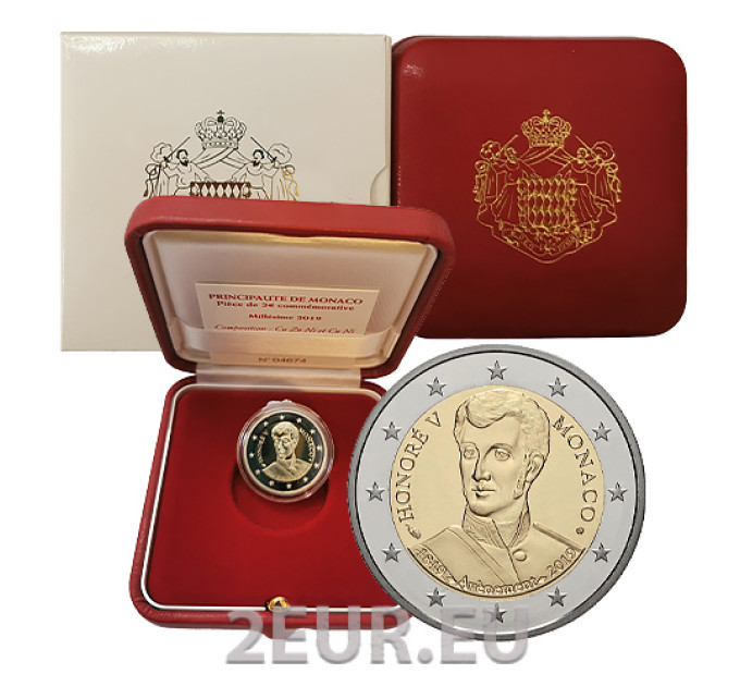 Mónaco 2 euros PROOF 2019 - 200º Aniversario de la Ascensión al Trono del Príncipe Honoré V por 580.00 € ✅