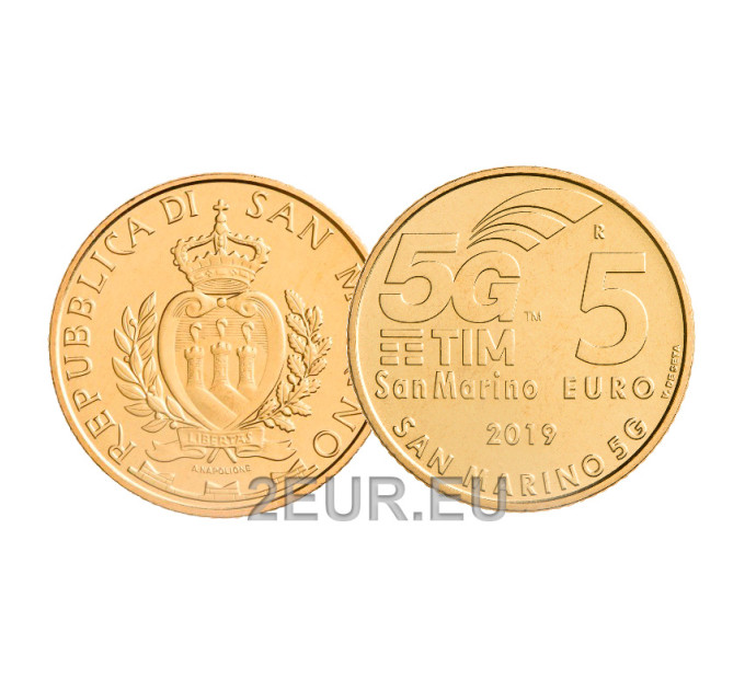 San Marino 5 euro UNC 2019 - "5G Mobile Network" for 9.50 € ✅