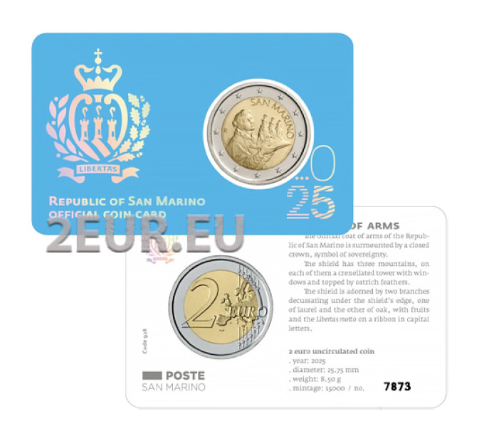 San Marino 2 EURO BU 2025 - Escudo de armas de la República de San Marino por 9.00 € ✅