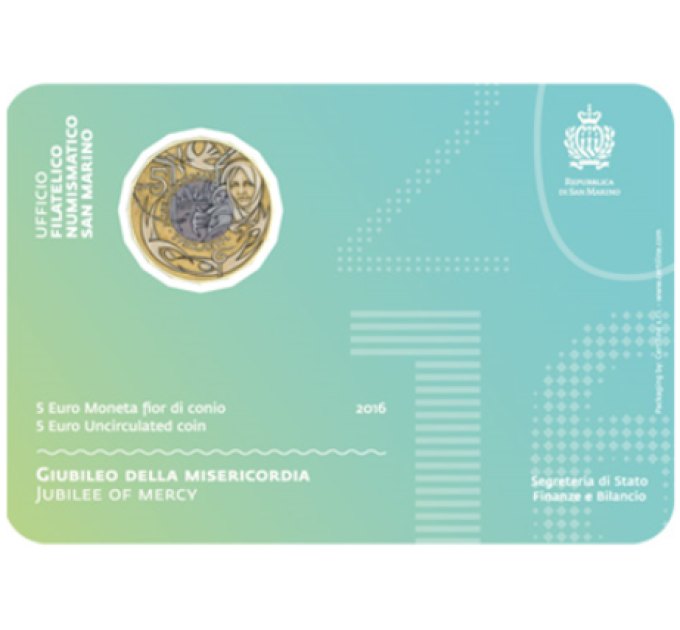 San Marino 5 EURO BU 2016 - Jubilee of Mercy for 12.00 € ✅