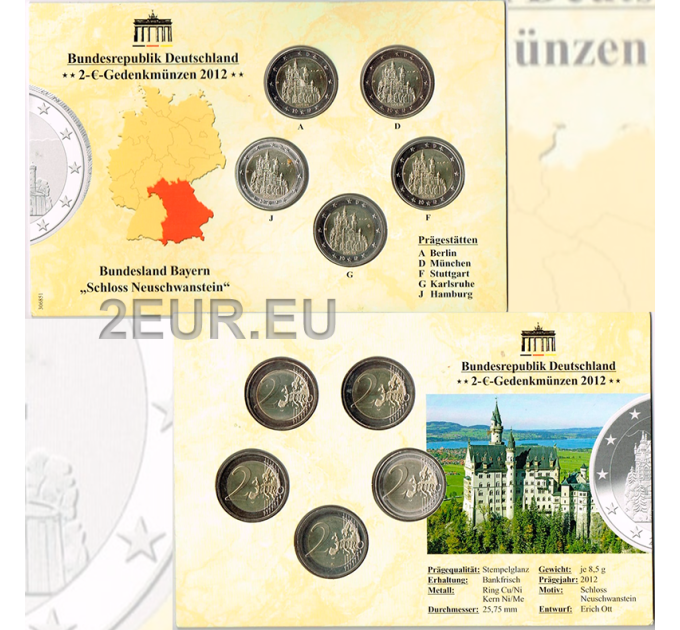 Alemania 2 Juego de monedas de euro BU 2012 - Castillo de Neuschwanstein - ADFGJ por 28.00 € ✅