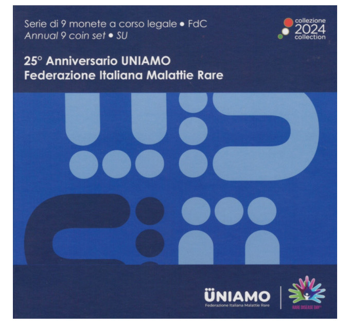 Italia conjunto de euros BU + moneda de plata de 5 euros 2024 - 25º aniversario de la fundación de la Federación Italiana de Enfermedades Raras por 65.00 € ✅