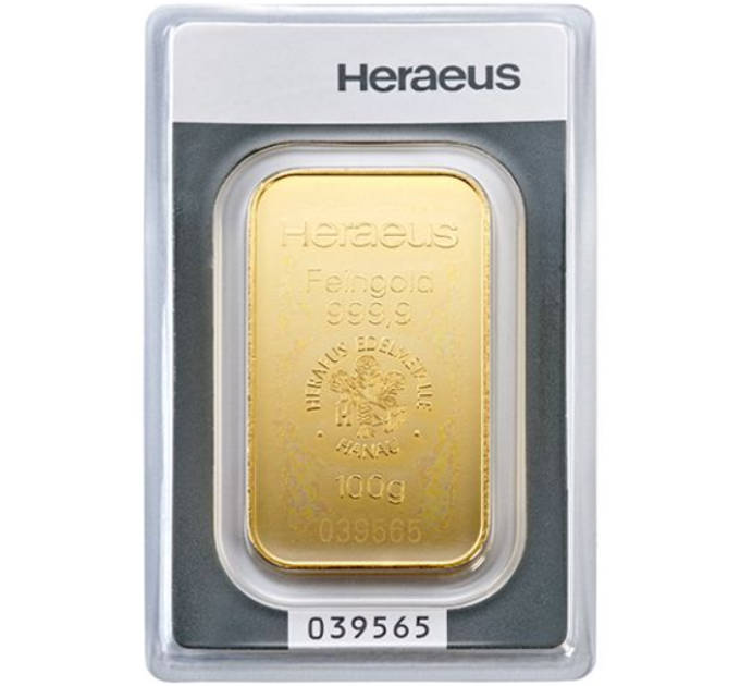 100 g Lingote de oro Heraeus por 12,297.84 € ✅