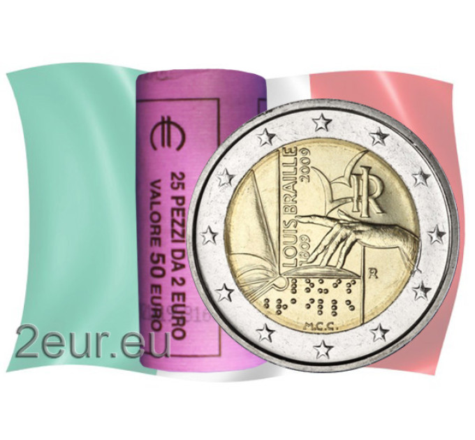 Italia 2 euros UNC rollo 2009 - 200 Aniversario del nacimiento de Louis Braille por 95.00 € ✅